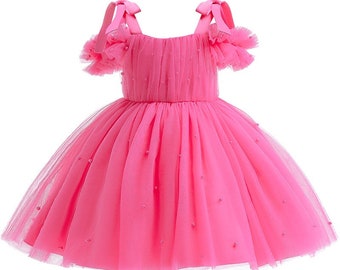 Abito tutu in rete con perline / Abito rosa rossa / Abito estivo / Abito casual / Abito da principessa / Abito tutu peplo per bambini / Abito da ragazza di compleanno