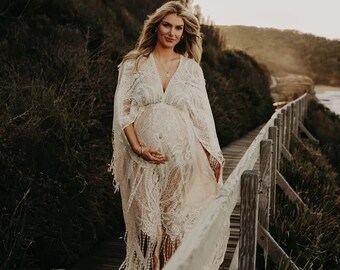 White Boho Lace  Maternity Dress | Maternity Dress | Photo Props | Maxi Gown Dresses For Pregnant Women | Free Size Adjustable Dress