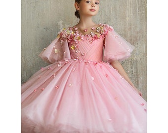 Vestido esponjoso rosa / vestido de malla esponjosa de niña / vestido de princesa / vestido de tul / vestido de niña de encaje / vestido de niña tutú peplum / vestido de flores 3D