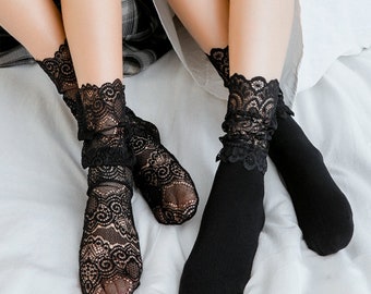 Floral Mesh Socks Ankle Short Lace | Mesh Ankle Socks | Sheer Socks | Ankle Socks | Sweet Black White Transparent Short Socks | Crew Socks