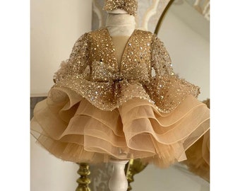 Robe duveteuse à sequins dorés | Robe en maille duveteuse pour fille | Robe de princesse | Robe en tulle | Robe fille en dentelle | Robe tutu à basque pour fille | Robe de danse |