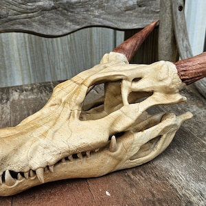 May include: A detailed, beige dragon skull with two long, brown horns. The skull is resting on a wooden surface.