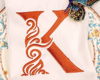 Embroidered Monogram Letter K, Embroidery Font Design File, Machine Embroidery Design, Wedding Linen Design, Dinner Party Linen Design