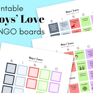 May include: Printable Boys' Love Bingo boards with a pink heart in the title. The boards are divided into a 5x5 grid with the letters B, I, N, G, and O at the top. Each square has a different prompt related to Boys' Love anime and manga.