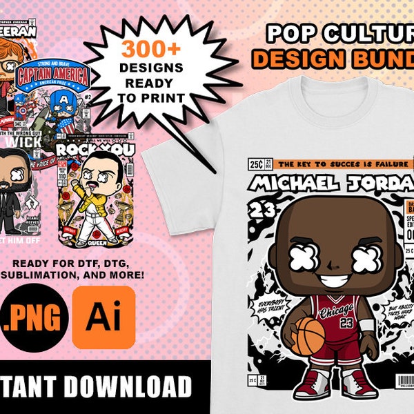 Más de 300 paquetes de diseño de camisetas de artistas de cultura POP, archivos ilustradores Png ai listos para imprimir en DTG, DTF, sublimación, serigrafía