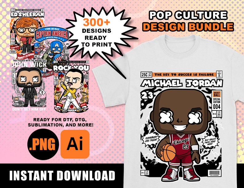 300+ POP Kultur Künstler T-Shirt Design Bundle, Png AI Illustrator Dateien bereit zum Drucken in DTG, DTF, Sublimation, Siebdruck
