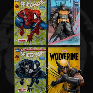 May include: A collection of four comic book covers featuring Spider-Man in red and blue, Absolute Batman in a grey and orange armored suit, Spider-Man in a black suit, and Wolverine in a yellow and black suit with extended metal claws.