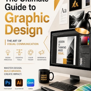 Op de afbeelding: Een grafisch ontwerp gids getiteld The Ultimate Guide to Graphic Design door Abdelrahman Badawy. De afbeelding toont een computermonitor met ontwerpsoftware, een zwarte mok met tekst, een tekentablet en een kleurenwaaier.