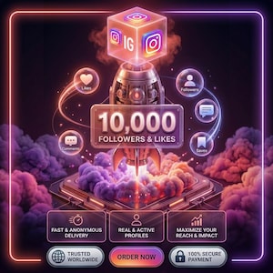 May include: A digital graphic featuring a metallic rocket launching from a platform, surrounded by purple and orange clouds. A sign reads 10,000 FOLLOWERS & LIKES, with floating icons for likes, followers, comments, and saves. Text includes FAST & ANONYMOUS DELIVERY, REAL & ACTIVE PROFILES, MAXIMIZE YOUR REACH & IMPACT, TRUSTED WORLDWIDE, ORDER NOW, and 100% SECURE PAYMENT.