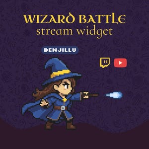 May include: A pixel art graphic for a stream widget, depicting a wizard in a blue robe and hat, wielding a wand. The text "WIZARD BATTLE stream widget" is displayed. The name "BENJILLU" is also present. Includes Twitch and YouTube icons.