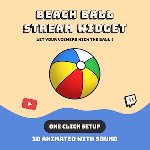 May include: A colorful beach ball illustration with the text "BEACH BALL STREAM WIDGET". The image also includes the text "LET YOUR VIEWERS KICK THE BALL!", "ONE CLICK SETUP", and "3D ANIMATED WITH SOUND".
