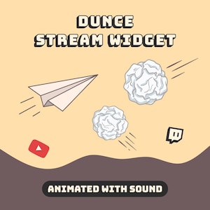 以下が含まれることがあります： 「DUNCE STREAM WIDGET」のテキストが入ったイラスト。紙飛行機、2つのくしゃくしゃの紙ボール、YouTubeとTwitchのロゴが描かれています。「ANIMATED WITH SOUND」の文字が下にあります。