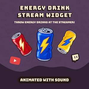 Può includere: Un grafico digitale con tre lattine di bevande energetiche in rosso, blu e giallo, ciascuna con un'icona a forma di fulmine. Il testo recita: ENERGY DRINK STREAM WIDGET, THROW ENERGY DRINK AT THE STREAMER! e ANIMATED WITH SOUND. Include icone YouTube e Twitch.