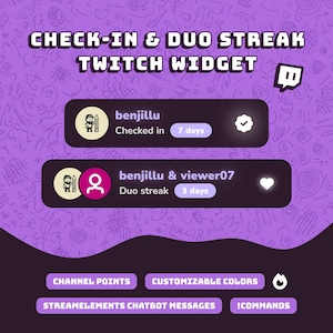 Puede incluir: Gráfico púrpura que promociona un widget de Twitch, con el texto "CHECK-IN & DUO STREAK TWITCH WIDGET". Muestra información de check-in y racha dúo para "benjillu" y "viewer07". Incluye puntos de canal y colores personalizables.