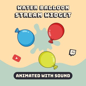 May include: An illustration of a water balloon stream widget with the text "WATER BALLOON STREAM WIDGET" at the top and "ANIMATED WITH SOUND" at the bottom. The image features three colorful balloons: blue, red, and yellow, along with a water splash.