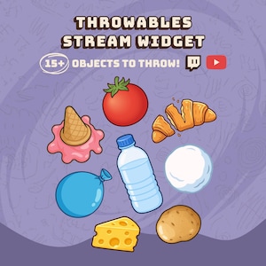 Peut inclure: Un graphique numérique intitulé THROWABLES STREAM WIDGET avec le texte 15+ OBJECTS TO THROW! présentant des illustrations d'une tomate rouge, un croissant, une glace rose, un ballon bleu, une bouteille d'eau, une boule de neige, du fromage et une pomme de terre.