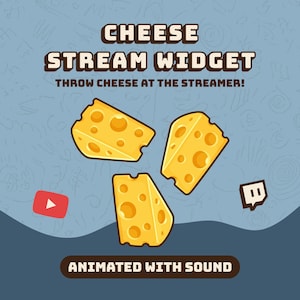 Op de afbeelding: Een digitale afbeelding voor een Cheese Stream Widget met drie gele stukken Zwitserse kaas met gaten. De tekst luidt CHEESE STREAM WIDGET, THROW CHEESE AT THE STREAMER! en ANIMATED WITH SOUND. Bevat pictogrammen voor YouTube en Twitch.