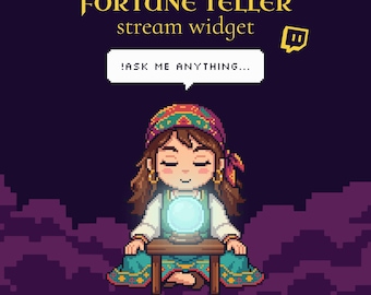 May include: A pixel art stream widget featuring a fortune teller with brown hair, a patterned headscarf, and gold earrings, sitting at a table with a glowing crystal ball. Text reads FORTUNE TELLER stream widget, !ASK ME ANYTHING..., and ONE CLICK SETUP.