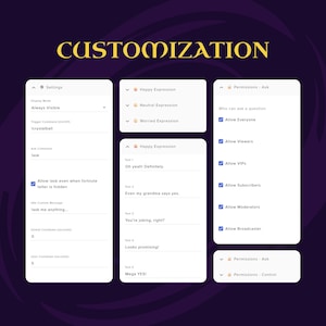 May include: A digital interface with the word "CUSTOMIZATION" in gold lettering. The interface displays settings, happy expressions, neutral expressions, worried expressions, and permissions. The background is a dark purple.