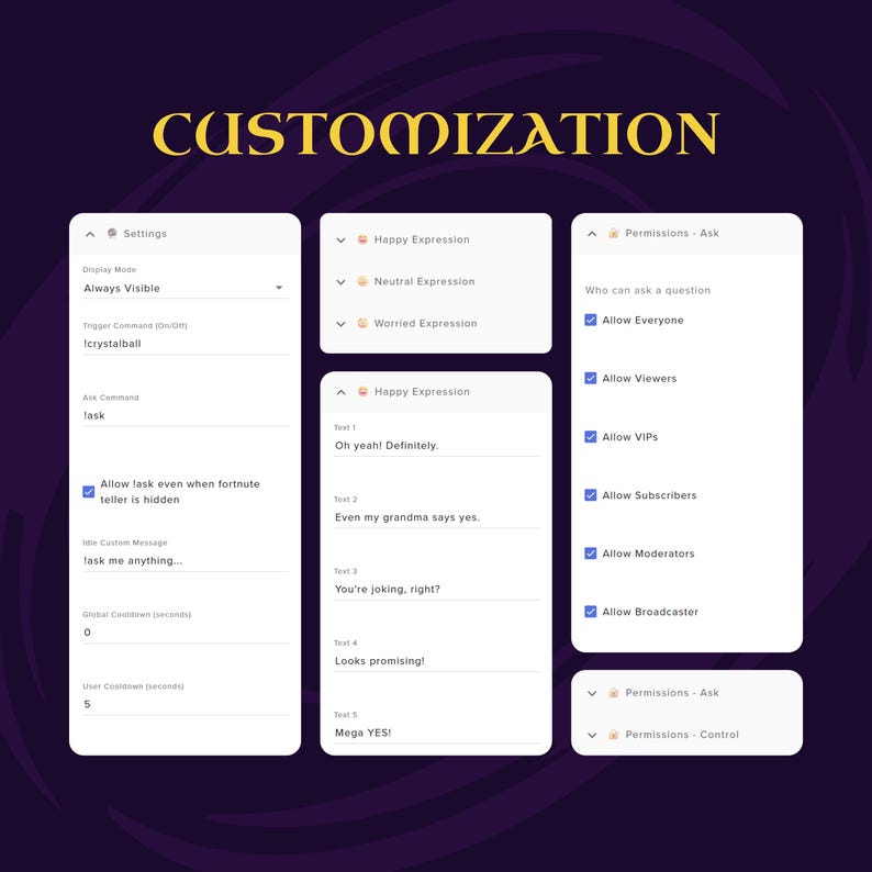 May include: A digital interface with the word "CUSTOMIZATION" in gold lettering. The interface displays settings, happy expressions, neutral expressions, worried expressions, and permissions. The background is a dark purple.