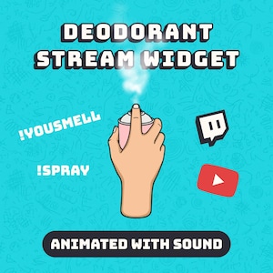Può includere: Un grafico digitale che mostra una mano che tiene una bomboletta spray rosa che spruzza una nebbia bianca. Il testo recita DEODORANT STREAM WIDGET, !YOUSMELL, !SPRAY e ANIMATED WITH SOUND. Include icone Twitch e YouTube su sfondo azzurro.