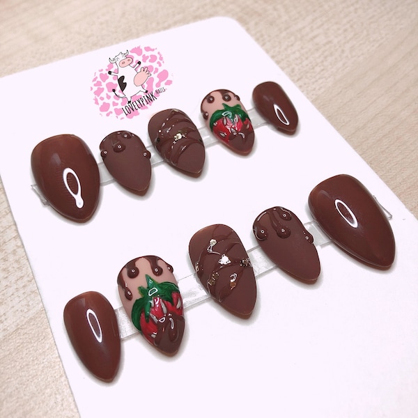 Chocolate Strawberry Press On Nails - Birthday Press On Nails - Valentine Nails