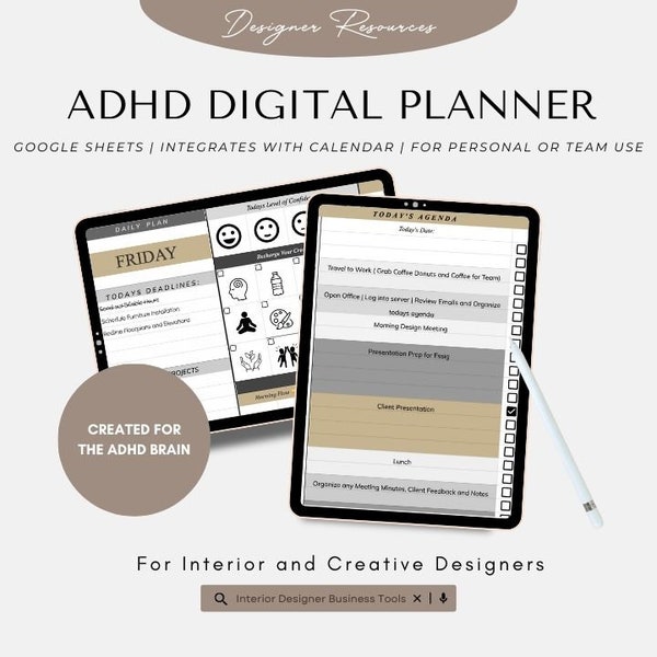 Project Organization Template, ADHD Planner | 2023 Daily Planner | Interior Design Business Productivity | Business Plan | Google Sheets