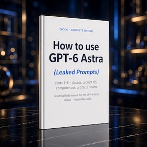 May include: A white ebook cover titled How to use GPT-6 Astra (Leaked Prompts). The text includes EBOOK COMPLETE EDITION, Parts 1-5 Access, prompt OS, computer use, artifacts, teams, and Unofficial field manual for the GPT-6 Astra rollout September 2026.