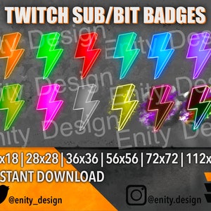 Twitch Sub Badges Thunder | Neon Bolt Bit Badges | Premium Stream Loyality Badges | 12 Streamer Bagdes | Neon Twitch GFX | Instant download