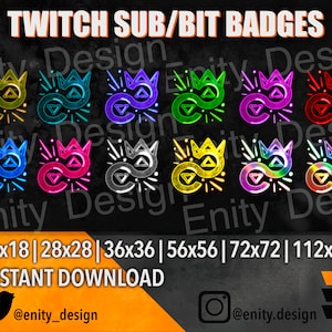 Op de afbeelding: Een set van acht Twitch-abonnement/bit-badges met een gestileerd oneindigheidssymbool met een kroon en een verscheidenheid aan kleuren, waaronder geel, groen, blauw, paars, roze, rood, grijs en wit. De badges zijn verkrijgbaar in de maten 18x18, 28x28, 36x36, 56x56, 72x72 en 112x112. De tekst "INSTANT DOWNLOAD" is ook in de afbeelding opgenomen.