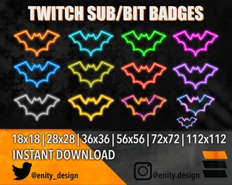 12 Sub/Bit Badges | Neon Bat | Halloween Sub badges | Horror bit Badges | Neon Streamer Badges | Bat streamer badges | Instant Download