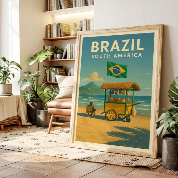 Impresión artística de playa de Brasil / Póster de viaje tropical / Decoración de pared de Sudamérica / Impresión navideña vintage
