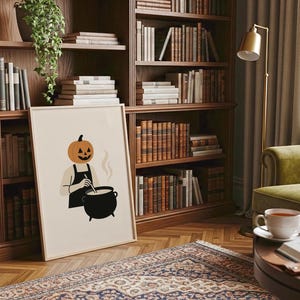 Pumpkin Head Cauldron Print: Spooky Halloween Kitchen Wall Art