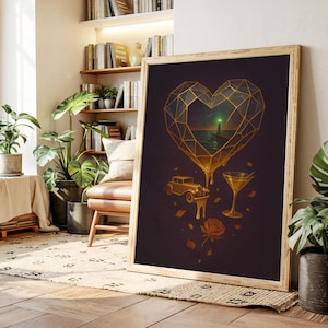 Lámina artística inspirada en el libro El Gran Gatsby: Ilustración de luz verde y corazón dorado