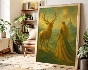 Puede incluir: Una impresión artística enmarcada representa un ciervo dorado y una mujer con un vestido fluido, sobre un fondo de un castillo y un paisaje. La obra de arte está realizada en tonos cálidos y terrosos, con un enfoque en los detalles y la textura, creando una escena caprichosa y encantadora.