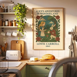 May include: A kitchen scene featuring a framed "Alice's Adventures in Wonderland" poster, a white toaster, wooden cutting boards, and a loaf of bread. The poster has a vintage design with the text "Alice's Adventures in Wonderland" and "Lewis Carroll 1865".