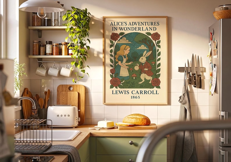 May include: A kitchen scene featuring a framed "Alice's Adventures in Wonderland" poster, a white toaster, wooden cutting boards, and a loaf of bread. The poster has a vintage design with the text "Alice's Adventures in Wonderland" and "Lewis Carroll 1865".