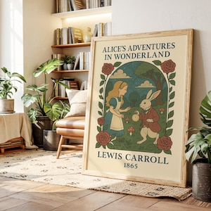 May include: A framed poster featuring an illustration from "Alice's Adventures in Wonderland." The artwork depicts Alice, a white rabbit holding a pocket watch, and the text "Alice's Adventures in Wonderland" and "Lewis Carroll 1865." The poster has a light wood frame.
