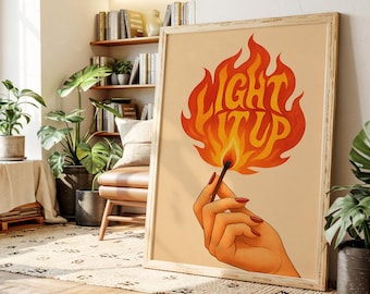 Enciende la noche: lámina artística de llama fantástica / Diseño de fuego de cerilla / Decoración de pared inspiradora para amantes de los libros