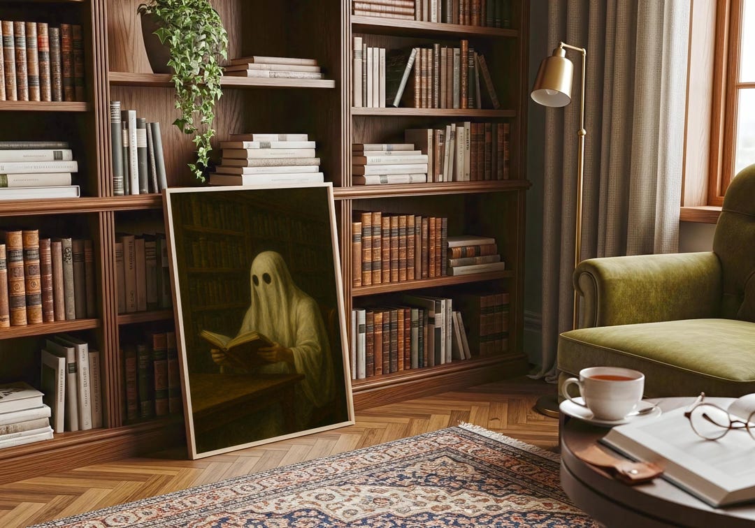 Ghost Reading in Library Art Print: Spooky Gothic Halloween Decor - Etsy