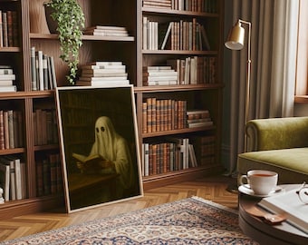 May include: A framed print of a ghost reading a book in a library setting. The artwork is displayed against a backdrop of a wooden bookshelf filled with books. The room has a cozy, vintage aesthetic with a rug and a reading chair.