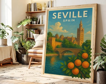 Seville Spain Travel Poster: Vintage Giralda Tower & Orange Trees Print
