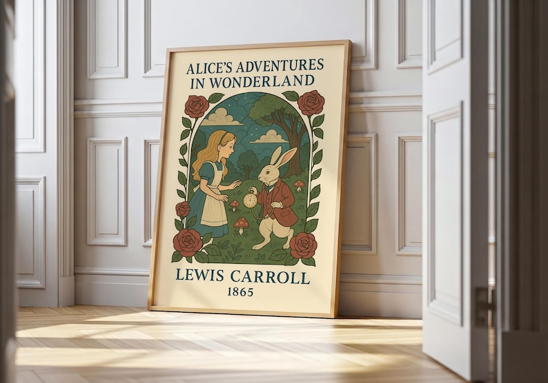 May include: A framed poster featuring an illustration from "Alice's Adventures in Wonderland." The artwork depicts Alice and the White Rabbit, surrounded by roses and foliage. The poster includes the text "Alice's Adventures in Wonderland" and "Lewis Carroll 1865."