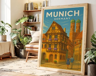 Munich Germany Travel Poster Print – Vintage Wall Art of Bavarian Architecture – European City Decor