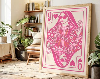 Lámina artística retro de la Reina de Corazones: Decoración minimalista en rosa intenso para el hogar