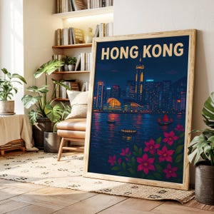 Hong Kong Nacht Kunstdruck | Poster mit Skyline Wanddeko | Urban Lights Kunstwerk