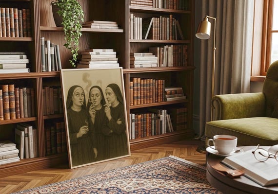 Three Nuns Smoking Poster – Vintage Humour Art Print, Gothic Wall Decor, Quirky Religious Artwork