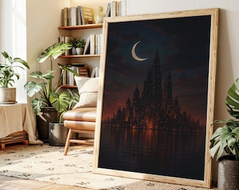 Gothic Cityscape Art Print: Crescent Moon Fantasy Wall Decor