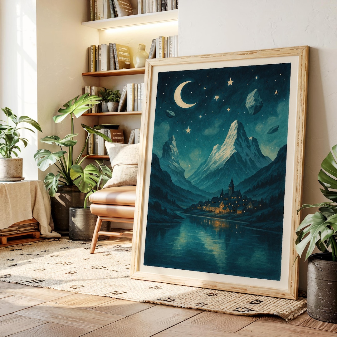 Starry Mountain Village Art Print | Fantasy Night Sky Poster | Bookish ...