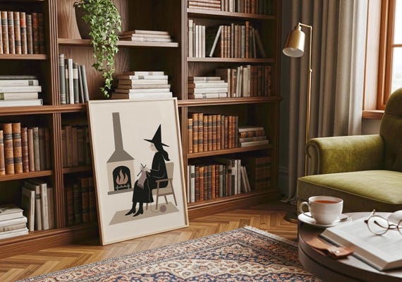 Cozy Witch Print – Halloween Witch Knitting Wall Art, Gothic Autumn Home Decor, Witchy Illustration